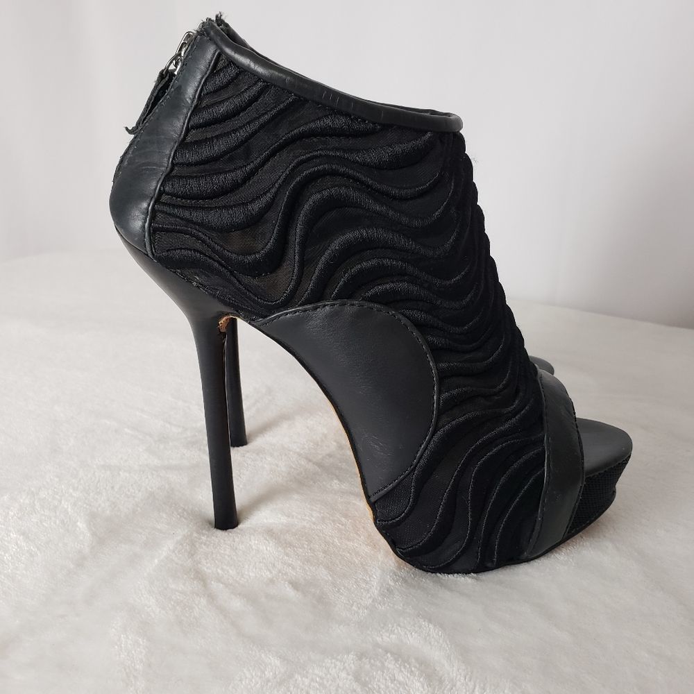 LAMB Shootie Bootie Platform Stilettos Heels Mesh Stitch Open Toe Black